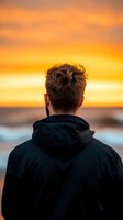 Back view of person in black hoodie watching dramatic orange sunset over ocean horizon, creating silhouette against vibrant evening sky.