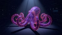 Futuristic neon purple octopus with glowing wireframe tentacles in cyberpunk digital environment with dramatic lighting for sci-fi technology concepts.