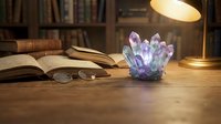 Purple amethyst crystal cluster on wooden desk with open books, reading glasses and warm lamp light creating cozy study atmosphere for meditation and learning.