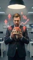 Caucasian male real estate agent in dark business suit holding miniature house model with rising percentage and arrow graphics indicating property value growth in modern office setting.