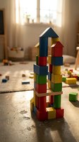 Colorful wooden block tower stacked in playroom with natural sunlight from window, scattered toys on floor, educational building toy for children's development and creative play.