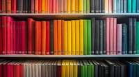 Colorful books arranged in rainbow spectrum order on library shelves, creating vibrant gradient pattern from red through yellow to blue and green spines.