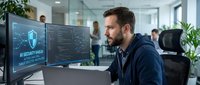 Focused male software developer analyzing AI security code on multiple monitors in modern tech office workspace with colleagues working in background.