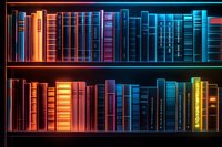 Bookshelf with colorful neon-lit books arranged in gradient from warm orange to cool blue tones, creating vibrant library atmosphere.