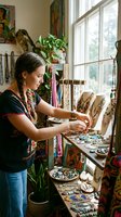 Female jewelry maker of South Asian descent arranging beaded bracelets and necklaces at her creative workspace near a bright window, surrounded by plants and colorful textile designs.