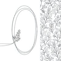 Minimalist line art oval frame with botanical elements and floral pattern border for coloring books, wedding invitations and decorative design projects.