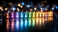 Colorful LED light bulbs in row creating rainbow spectrum glow with bokeh background for festive decoration and ambient lighting design.