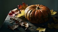 Rustic autumn pumpkin with colorful fall leaves on dark wooden surface. Seasonal harvest decoration for thanksgiving and halloween celebrations.