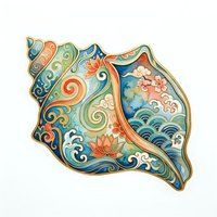 Ornate decorative map shape with swirling patterns, lotus flowers, and waves in blue, orange, and cream tones. Isolated design element suitable for textiles, wall art, and graphic projects.