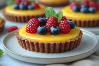 Fresh fruit tart with lemon curd filling topped with raspberries and blueberries on chocolate cookie crust, garnished with mint leaves on white plate.