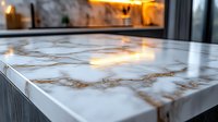 Luxurious marble countertop with golden veining pattern captured in warm ambient lighting, showcasing elegant surface texture and premium stone material finish.