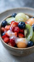 Fresh mixed fruit salad with strawberries, blueberries, kiwi and melon in ceramic bowl for healthy breakfast or dessert meal preparation.