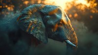 African elephant profile against golden sunset light with dramatic shadows and bokeh effect, showcasing majestic wildlife in natural habitat at dusk.