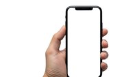 Hand holding modern smartphone with blank white screen mockup for app presentation and mobile interface design projects.