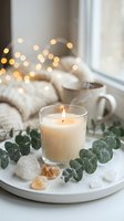 Cozy home spa scene with burning candle, eucalyptus leaves, crystals and warm fairy lights creating peaceful atmosphere for relaxation and self-care rituals.