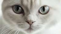 Close up macro shot of white cat face with striking blue eyes and pink nose, soft focus artistic pet photography highlighting feline features and whiskers.