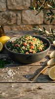 Fresh tabbouleh salad with parsley, tomatoes and bulgur in ceramic bowl on rustic wooden table with lemon slices and olive branch for healthy Mediterranean cuisine.