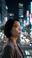 Asian businesswoman with glasses viewing digital justice scales hologram in urban night cityscape with bokeh lights for legal technology concepts.