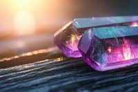 Raw amethyst crystal points with vibrant purple and turquoise hues on rustic wooden surface in warm sunlight, showcasing natural mineral formation and healing properties.