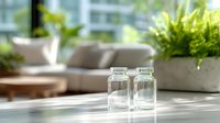 Two empty glass vials on sunlit surface with blurred modern living space background featuring indoor plants and comfortable seating.