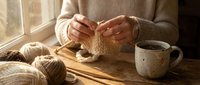 Woman knitting with cream yarn balls and coffee cup on wooden table by window. Cozy handcraft hobby scene with warm natural lighting and peaceful atmosphere.