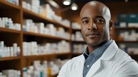Confident African American male pharmacist in white coat smiling at pharmacy with medicine shelves in background, representing healthcare professional at work.