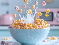 Colorful cereal rings splashing in milk creating dynamic motion in blue polka dot bowl against pastel background, morning breakfast photography with levitating food.