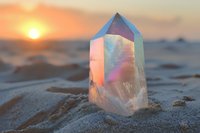 Clear quartz crystal point on sandy beach at golden sunset with ocean waves, spiritual healing meditation stone for wellness and energy work.