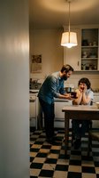 Young Caucasian couple cooking together in cozy retro kitchen with checkered floor and warm pendant lighting during evening meal preparation.