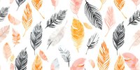 Delicate feathers in coral pink, golden yellow and gray create seamless pattern on white background. Gentle floating design for fabric, wallpaper and wrapping paper.