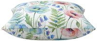 Watercolor wildflower pillow with fern leaves and botanical florals in soft pink, blue, and green tones on cream background. Perfect for home decor.