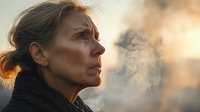 Caucasian woman exhaling visible breath in cold winter air during sunset, side profile portrait showing contemplative expression and natural lighting.