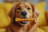Playful Golden Retriever dog holding treat bone in mouth against yellow background, close up portrait showing happy expression and soft fur. Perfect for pet care advertising.
