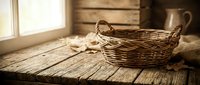 Empty wicker basket on rustic wooden table in warm sunlit kitchen interior for home decor and storage solutions.