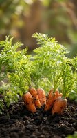 Fresh organic carrots growing in rich dark soil with green leafy tops in sunny garden bed for healthy eating and sustainable agriculture.