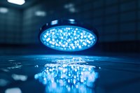 Modern LED surgical lamp reflecting on glossy surface in operating room, creating dramatic blue bokeh effect and mirror reflection. Medical environment atmosphere.
