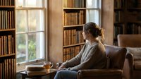 Young woman reading book in cozy library with wooden bookshelves, warm natural light streaming through window, peaceful study atmosphere for education content.