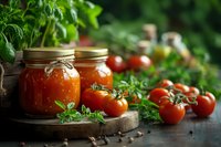 Homemade tomato sauce in glass jars with fresh red tomatoes, basil herbs and spices on rustic wooden board. Traditional preservation and canning concept.