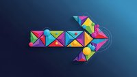 Colorful geometric arrow made of triangular blocks pointing right on blue gradient background for business growth and direction concepts.