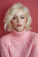 Young blonde woman with blue eyes wearing pink turtleneck sweater against matching pink background, creating monochromatic fashion portrait.
