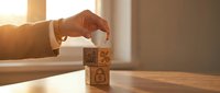 Professional businessman hand stacking wooden blocks with home and percentage symbols representing mortgage rates and real estate investment concepts.