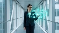 Professional businesswoman interacting with holographic digital interface displaying data analytics in modern corporate corridor for technology presentations.