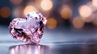 Pink crystal heart on reflective surface with soft bokeh lights in background, romantic Valentine concept for greeting cards and romantic designs.
