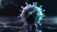 Virus particle with spike proteins glowing in purple and cyan against dark background, suitable for medical, scientific, and educational presentations.