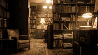 Cozy home library with floor-to-ceiling bookshelves, warm lighting, leather armchair and wooden desk creating intimate reading atmosphere.