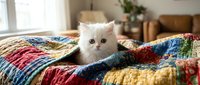 Adorable white fluffy kitten with blue eyes sitting on colorful patchwork quilt in cozy home interior. Perfect for pet care, comfort, and lifestyle content.
