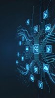 Digital technology network with glowing blue circuit board and app icons representing connectivity, data processing, and modern tech infrastructure.