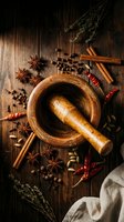 Wooden mortar and pestle surrounded by aromatic spices including star anise, cinnamon sticks, peppercorns and dried chilies on rustic wood background.