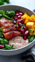 Fresh salmon poke bowl with mango cubes, pomegranate seeds, chia seeds, and creamy sauce garnished with herbs in ceramic bowl on dark background.