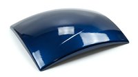 Glossy dark blue curved automotive body panel part isolated on white background for car repair and restoration projects.